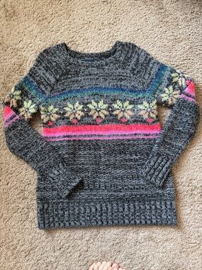 American Eagle Fair Isle Sweater Gray Cozy Boho Chunky Knit Pullover